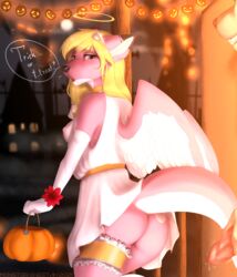 2021 5_fingers anthro blonde_hair breasts canid canine clothed clothing digital_media_(artwork) duo eyebrows eyelashes feathered_wings feathers female fingers fur genitals hair hi_res hybrid mammal monstercheetah no_underwear penis pink_body pink_fur roketchu shaded solo_focus wings