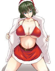 1girls belly belt big_breasts breasts christmas erect_nipples erect_nipples_under_clothes exhibitionism fubuki_(one-punch_man) green_eyes green_hair kawa kneeling large_breasts midriff one-punch_man red_bikini red_skirt santa_hat smiling solo solo_female tagme white_background