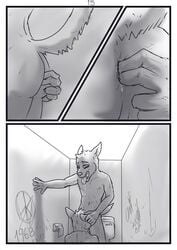 aariel anal anal_fingering anthro axel bathroom canid canine comic duo fingering graffiti hi_res male male/male mammal oral public wolfyalex96_(artist)