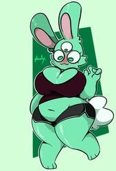 1girls anthro breasts bunny chubby clothed clothes clothing embarrassed female female_only fully_clothed furry green_fur lagomorph multi_eye plooby_(treshbaggy) solo thick_thighs treshbaggy wide_hips