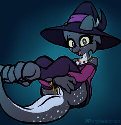 anthro black_body bottomless claws clothed clothing collar eyelashes female freckles genitals happy hat headgear headwear hi_res horn kobold legwear lizard open_mouth presenting presenting_pussy purple_eyes purplealacran pussy reptile scalie simple_background solo sparkle_(purplealacran) stockings witch_hat yellow_sclera