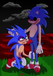 absurd_res anthro balls black_eye_(injury) black_sclera blood blue_body blue_fur bodily_fluids breadbitch420 broken_arm bruised bruised_eye clothing creepypasta doppelganger duo erection eulipotyphlan fellatio forced fur gay genital_fluids genitals gloves green_eyes handwear hedgehog hi_res imminent_blowjob imminent_oral male male/male mammal nosebleed oral penile penis rape red_eyes sega smile sonexe sonic.exe sonic.exe_(character) sonic.exe_(creepypasta) sonic_(series) sonic_the_hedgehog sonic_the_hedgehog_(series) tears teeth video_games wounded