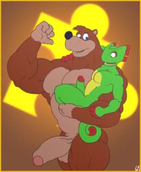 2019 abs anthro anthro_on_anthro arm_around_shoulders balls banjo-kazooie banjo_(banjo-kazooie) big_muscles big_penis border brown_background brown_body brown_fur carrying chameleon crossover digital_media_(artwork) duo erection foreskin fur gay gay_male genitals green_body green_scales gs humanoid_genitalia humanoid_penis interspecies lizard looking_at_another looking_at_genitalia looking_at_penis male male/male male_only mammal muscular muscular_anthro muscular_male nude pecs penis penis_size_difference playtonic_games rareware reptile scales scalie signature simple_background size_difference standing thick_penis thick_thighs tuft ursid vein video_games yellow_border yooka yooka-laylee