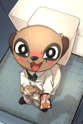 aggressive_retsuko antelope anthro balls bathroom blush bodily_fluids bovid caught caught_on_camera chief_komiya clothed clothing embarrassed foreskin fur furry furry_only gazelle genital_fluids genitals hand_on_penis herpestid looking_at_viewer male male_only mammal manmosu_marimo masturbation meerkat necktie pants_down partially_clothed penis phone precum public_restroom restroom_stall sanrio sitting smooth_fur solo sweat toilet tsunoda