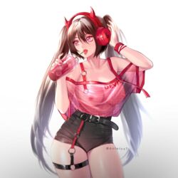 arm_up artist_name beats_by_dr._dre belt black_belt black_hair black_shorts breasts collarbone cup drinking drinking_straw eyebrows_visible_through_hair female female headphones highres holding holding_cup large_breasts lips long_hair looking_away nipples original pink_eyes potetos7 see-through_shirt short_shorts short_sleeves shorts slit_pupils solo tongue tongue_out twintails twitter_username very_long_hair