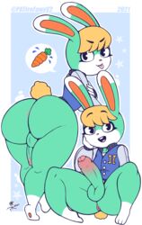 1boy 2021 3_toes absurd_res animal_crossing anthro anus ass bangs big_ass big_butt blonde blonde_hair bottomless carrot clothed clothing digital_media_(artwork) femboy food foreskin fur furry furry_only genitals girly green_body green_fur hair hand_on_face hi_res huge_ass jacket lagomorph leg_markings leporid letterman_jacket looking_at_viewer looking_back male male_only mammal markings mouth_open nintendo orange_nose pawpads paws penis pkfirefawx plant rabbit sasha_(animal_crossing) smile socks_(marking) solo tail text_bubble thick_thighs toes tongue tongue_out topwear topwear_only tuft vegetable video_games white_body white_fur wide_hips yellow_tail