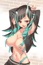 alternate_breast_size armpits arms_up bangs belt black_hair black_jacket black_skirt blue_belt blue_hair breasts brick_wall chest_belt clothing_cutout commentary_request cowboy_shot cropped_jacket cross-laced_sleeves demon demon_girl demon_horns eyebrows_visible_through_hair female highres horns jacket kikuta_kouichi large_breasts long_hair long_sleeves looking_at_viewer midriff multicolored_hair nanashi_inc. navel nipples oerba_yun_fang open_mouth pointy_ears red_eyes shishio_chris shoulder_cutout skirt solo sugar_lyric two-tone_hair virtual_youtuber