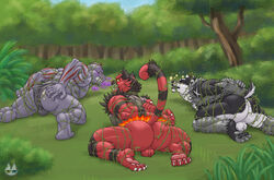 allergic_reaction allergy anal anal_sex anthro ass backsack balls black_body black_fur blush bodily_fluids bound bubble claws clenched_teeth clothing crying forest fur genitals group incineroar j-cock kneeling looking_back machoke male male_only muscular muscular_anthro muscular_male nintendo nude obstagoon outside penetration plant poisoned pokémon_(species) pokemon pokemon_(species) pollen red_body red_fur restrained sneeze snot snot_bubble tears teeth toe_claws tree underwear video_games vines white_body white_fur