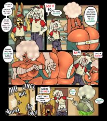 anthro anus ass ass_cleavage barely_visible_anus belt big_ass big_breasts big_bun_burgers blush breasts butt_crack clothed clothing comic dale_(ponehanon) dialogue duo english_text female fur furry genitals george_(ponehanon) ghost hair hat headgear headwear hi_res huge_ass lagomorph leporid male male/female mammal ownin_shorts pants_down partially_clothed penis ponehanon rabbit sheep spirit tail tenting text thorn_(ownintime) white_hair work_clothes work_uniform