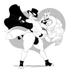 "honest"_john_foulfellow 2021 a-side anthro ass big_bulge big_butt bikini bulge canid canine cape collar disney duo fox fur fur_coat genitals girly hat headgear headwear hi_res high_heels lifting looking_at_viewer male male/male mammal monochrome nick_wilde penis pinocchio swimsuit swimwear thick_thighs whiskers wristband yaoi zootopia