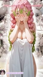 ai_generated beautiful_girl blanket_covering blanket_grab blanket_pull curvy_figure green_eyes green_hair kanroji_mitsuri mitsuri_kanroji noctai pink_hair shy