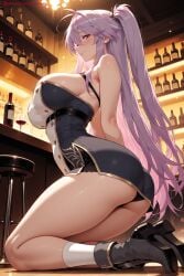 1girl ahoge ai_generated ass azur_lane bangs bare_shoulders black_dress black_panties blush boots bottle breasts dress grenville_(azur_lane) hair_between_eyes hi_res high_heel_boots high_heels high_quality high_resolution indoors kiraamane large_breasts long_hair looking_at_viewer panties patreon seductive sexy short_dress silver_hair smile thighs uncensored underwear very_long_hair watermark white_legwear