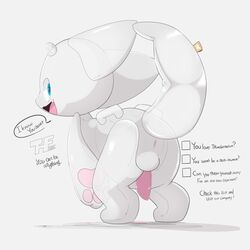 1:1 after_transformation animate_inanimate anthro ass balls blue_eyes english_text genitals hi_res inflatable kemono living_inflatable male pawpads penis pink_pawpads pink_paws pink_penis pool_toy presenting presenting_hindquarters presto_(artist) solo text transformation translucent translucent_body