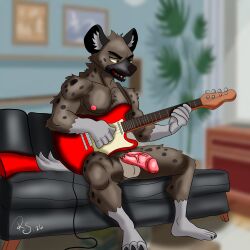 absurd_res aggretsuko anthro balls brown_body brown_fur canid canine digital_media_(artwork) electric_guitar fur genitals guitar haida_(aggretsuko) hi_res hiena hyena male mammal muscular musical_instrument nude nude_male penis plucked_string_instrument rsproduccion sanrio setting solo spotted_hyena string_instrument