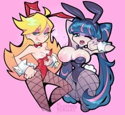 2girls alternate_breast_size alternate_hairstyle animal_ears areola_slip artist_name bare_shoulders black_bow black_leotard bleedingpervert blonde_hair blue_eyes blue_hair blunt_bangs bow bowtie breasts breasts_out brown_pantyhose bunnysuit cleavage clothing cropped_legs curvy detached_collar fake_animal_ears fake_tail female fishnet_pantyhose fishnets grin half-closed_eyes hand_on_own_hip highleg highleg_leotard huge_breasts large_areolae large_breasts leotard leotard_pull long_hair looking_at_viewer multicolored_hair multiple_girls narrow_waist naughty_face nipple_slip nipples one_breast_out one_eye_closed open_mouth oversized_breast_cup panty_&_stocking_with_garterbelt panty_(psg) panty_anarchy pantyhose pink_background pink_hair playboy_bunny puffy_nipples rabbit_ears rabbit_tail raised_eyebrow red_bow red_bowtie red_leotard shortstack siblings simple_background sisters sleepy small_breasts smile smirk stocking_(psg) stocking_anarchy strapless strapless_leotard streaked_hair tail teeth thick_thighs thighs twintails two-tone_hair very_long_hair waking_up wardrobe_malfunction wide_hips wrist_cuffs yawning