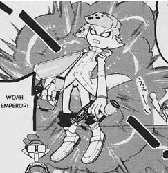 animal_genitalia animal_humanoid cephalopod cephalopod_humanoid clothed clothing coleoid comic decapodiform dialogue dualies emperor_(splatoon) explosion footwear genital_slit genitals humanoid inkling kattorama low_res male manga marine marine_humanoid mollusk mollusk_humanoid monochrome nintendo pants_down partially_clothed pseudo_hair sankichi_hinodeya_(artist) shirt shoes slit solo splatoon splatoon_(manga) squid_humanoid tentacle tentacle_hair topwear uncensored video_games