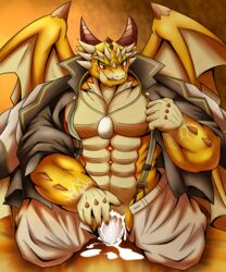 5:6 abs animal_genitalia anthro big_muscles big_pecs blush bodily_fluids bottomwear chocobo4869 chocobo_(pixiv) cloaca clothed clothing cum cum_in_cloaca cum_inside dragon egg_laying genital_fluids genitals horn jewelry lifewonders male muscular muscular_anthro muscular_male necklace open_clothing open_shirt open_topwear ophion pants pecs red_eyes scalie shirt solo tokyo_afterschool_summoners topwear video_games wings yellow_body