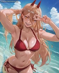 ai_generated armpits beach bikini blonde_hair blue_sky breasts chainsaw_man cleavage cloud collarbone cross-shaped_pupils dandanhub day demon_horns female female_only hair_between_eyes horns long_hair looking_at_viewer medium_breasts navel ocean open_mouth orange_eyes outdoors power_(chainsaw_man) red_bikini red_horns sharp_teeth side-tie_bikini_bottom sky smile solo string_bikini swimsuit symbol-shaped_pupils teeth v water wet yellow_eyes
