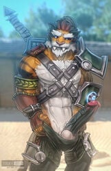 2021 abs anthro armor balls biceps big_balls big_penis blue_eyes bodily_fluids clothing crotch_tuft dripping erection felid genital_fluids genitals hi_res huge_cock humanoid_genitalia humanoid_penis long_penis male male_only mammal melee_weapon muscular muscular_anthro muscular_male outside paladins pantherine pecs penis precum precum_drip precum_string presenting retracted_foreskin scar solo sword thick_penis tiberius_(paladins) tiger todex tuft vein veiny_penis video_games watermark weapon