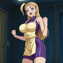 ai_generated apron big_breasts blonde_hair happy history's_strongest_disciple_kenichi jumpsuit long_hair miu_furinji standing zhiro
