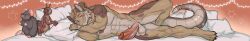 2026 abs abstract_background anthro balls bed bed_covers bed_sheet bedding biceps big_balls big_penis blonde_hair blonde_highlights blush brown_body brown_ears brown_fur brown_hair brown_markings brown_scales calf_muscles cheek_tuft chest_markings claws crotch_tuft digital_media_(artwork) digital_painting_(artwork) eyebrows facial_hair facial_markings facial_tuft fallout fangs forearm_muscles fur fur_tuft furniture genitals glans goatee gradient_penis hair hair_bun head_markings head_on_pillow hi_res highlights_(coloring) holding_object holding_pillow humanoid_genitalia humanoid_penis leg_markings letan_carvell long_hair long_image lying male markings microsoft muscular muscular_anthro muscular_arms muscular_legs muscular_male muscular_thighs night_stalker_(fallout) on_bed on_pillow on_side painting_(artwork) pecs penis pillow plushie quads rattle_(anatomy) red_eyes red_glans red_penis sadmishutka_(artist) scales smile solo tan_balls tan_body tan_fur tan_scales teeth triceps tuft vein veiny_penis white_pillow wide_image