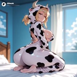 1girls absurd_res absurdres ai_generated animal_costume animal_ears animal_print ass bell big_ass big_breasts bikini blonde-haired_female blonde_female blonde_hair blonde_hair_female blue_sky blurred_background blurry blurry_background bodysuit breasts brown_eyes cartoon cartoony closed_mouth cloud cow_horns cow_print cowbell curtains day depth_of_field fairy_tail feet female female_focus from_behind full_body hair_between_eyes hi_res high_quality high_resolution highres hood horns huge_ass indoors large_ass large_breasts looking_at_viewer looking_back lucy_heartfilia no_shoes odexai on_bed pillow ponytail print_bikini seiza short_ponytail sitting sky small_waist smile soles solo solo_focus straight swimsuit thick_thighs thighs thin_waist toes wide_hips window yellow_hair