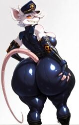 officer_flint 1girls 1girl solo solo_female female female_only female_focus anthro rat rat_tail rat_ears rat_girl furry furry_female hat police police_uniform uniform orange_eyes sharp_teeth white_hair tight_clothing latex shiny gloves boots big_ass big_ass_(female) back_view white_background ai_generated thick_thighs breasts mrnails