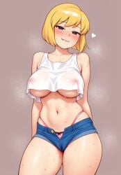 ai_generated mayihavesomeslops short_shorts tank_top crop_top underboob covered_nipples sweat heart panty_peek highleg_panties biting_own_lip vault_girl vault_meat blonde_hair bob_cut inverted_bob open_shorts open_fly