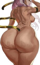 armlet ass breasts cyrosucre dark_skin earrings female female_only from_behind gold_armlet gold_earrings gold_tail green_eyes huge_ass lips long_hair looking_at_viewer looking_back nipples nude original pink_hair simple_background solo tail thick_ass thick_thighs white_background wide_hips