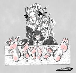 3girls black_and_white black_maria female female_only foot_fetish foot_focus giantess horns one_piece soles szeroart tickle_torture tickling tickling_feet ulti_(one_piece) yamato_(one_piece)