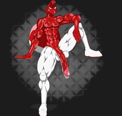 amarashi anthro balls big_balls foreskin genitals hi_res long_penis male male_only muscular nintendo penis pokemon pokemon_(species) pokemorph pose red_body red_skin simple_background solo video_games voltorb white_body white_skin