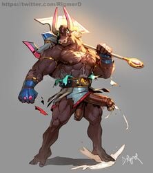 absurd_res anthro asterius_(hades) axe balls battle_axe bovid bovine european_mythology genital_piercing genitals greek_mythology hades_(game) hi_res horn humanoid_genitalia humanoid_penis male male_only mammal melee_weapon minotaur muscular muscular_male mythology penis penis_piercing piercing prince_albert_piercing rigmerd solo solo_male weapon