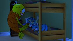 1boy 1futa accurate_art_style anais_watterson anthro_on_anthro bed bedroom blanket bothered bunk_bed clothed cum cum_in_mouth cum_on_face cumshot dark_room darwin_watterson facial feline futa_on_male futanari gumball_watterson ice_cream ice_cream_cone jerking jingles_(artist) leaking_cum looking_down masturbation melting nervous nervous_smile night poster red_lips sarah_g_lato sleeping somnophilia static sweat t-shirt tail the_amazing_world_of_gumball uncomfortable underwear whiskers yellow_body