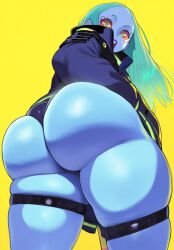 ai_generated huge_ass huge_thighs kinkimato lipstick rebecca_(edgerunners) shortstack surprised surprised_expression thick_thighs tight_clothing tight_panties