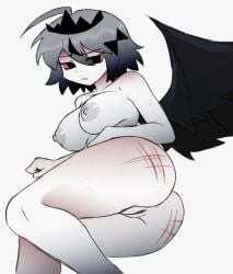 alice_(fundamental_paper_education) fundamental_paper_education wings bdsm eye_contact sad crown princess red_eyes grey_hair naked