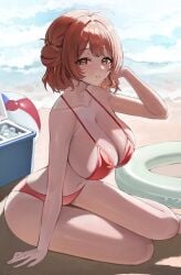 1girl absurdres akamin435 ball beach beachball beautiful_woman bikini breasts brown_eyes cleavage commentary_request cooler gakuen_idolmaster half-closed_eyes hanami_ume highres idolmaster innertube large_breasts legs looking_at_viewer navel orange_hair parted_lips pink_bikini pink_hair seductive_gaze short_hair swim_ring swimsuit teeth thighs