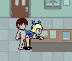 carol_holiday deltarune deltarune_chapter_4 vessel_(deltarune) doggy_style on_table animated from_behind 1boy 1girls human anthro furry accurate_art_style pixel_art lisnotsfw blonde_hair sex looking_back_at_partner partially_clothed faceless_male