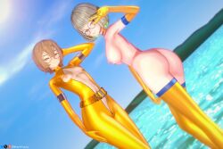 2girls 3d alfhilde ass ass_focus astraline bare_ass bare_midriff bare_shoulders belt big_breasts bodysuit breast_cutout breasts_out brown_hair clio_aite female female_only freckles freckles_on_ass freckles_on_breasts glasses gloves_and_boots_only gold gold_bodysuit golden_week green_hair hand_behind_head large_breasts looking_at_viewer looking_back medium_breasts nipples outdoor_nudity outdoors partially_clothed partially_clothed_female phase_connect posing round_glasses sea seaside small_breasts smile smiling_at_viewer spamkaju tits two-tone_hair unzipped unzipped_bodysuit v_over_eye v_sign valkyrie vershion virtual_youtuber vtuber