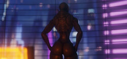 3d_(artwork) alien angrydraconequus ass big_butt computer digital_media_(artwork) female genitals hands_on_hips hi_res holographic_screen inside mass_effect nude pussy rear_view solo standing thick_thighs turian video_games window