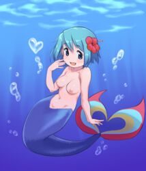 1girls air_bubble blue_eyes blue_hair blue_tail breasts bubble cute female female_only flower gloamy hair_flower hair_ornament heart highres mahou_shoujo_madoka_magica medium_breasts mermaid miki_sayaka monster_girl monsterification nipples nude png short_hair smile solo topless underwater water