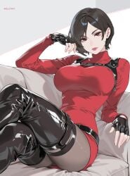 ada_wong bangs belt black_belt black_footwear black_gloves black_hair boots breasts brown_eyes brown_hair couch crossed_legs dress female fingerless_gloves gloves harness large_breasts leather lips long_sleeves looking_at_viewer makeup melowh pantyhose pink_lips red_dress resident_evil sfw shiny_clothes short_hair simple_background sitting solo thigh_boots thighhighs turtleneck white_background