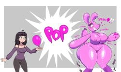 2026 absurd_res animate_inanimate anthro balloon balloon_animal before_and_after big_breasts black_hair blush bottomwear breast_expansion breasts canid clothing digital_media_(artwork) expansion female flybeeth grey_background growth hair hi_res human human_to_anthro human_to_inanimate inflatable interrobang living_inflatable looking_up mammal nipples nude open_mouth pants permanent_smile pink_body pop_(sound_effect) seam_(sewing) shirt simple_background smile solo species_transformation squeaking standing surprised surprsied tail tail_growth thick_thighs thigh_expansion topwear transformation wide_hips