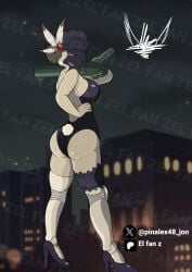 black_dahlia skullgirls playboy sexy large_breasts large_ass big_breasts big_ass big_butt video_games milf gun shotgun happy sexy_pose anatomically_correct anime anime_style anime_girl background gray_skin cyborg mask masked_female