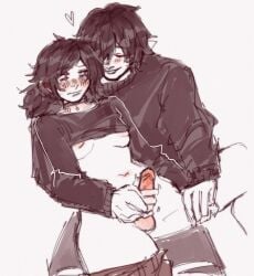 mismispink incest siblings brother_and_sister trans_woman 1futa futanari intersex the_coffin_of_andy_and_leyley 1boy male black_hair penis pink_eyes blush shirt_lift breasts embarrassed masturbation assisted_masturbation handjob 2d closed_eyes andrew_graves ashley_graves