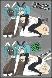1futa 1girls alternate_skin_color beauty_mark breeding bunnysuit cum cum_in_pussy cum_inside cumflated_belly cumflation dark-skinned_female dark_skin ejaculation excessive_cum fat_balls freckles freckles_on_breasts freckles_on_face futa_on_female futanari grabbing_waist hatsune_miku huge_breasts hugging_from_behind hyper hyper_balls impregnation light-skinned_futa light_skin massive_balls massive_breasts mating milkbuni nipple_covers on_all_fours overflowing_cum reverse_bunnysuit rolling_eyes selfcest sweat sweatdrop