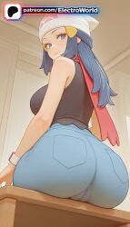 1girl 1girls 2026 ai_generated artist_name ass ass_focus beanie blue_eyes blue_hair boobs breasts bust chest dawn_(pokemon) desk electroworld female female_only hat hi_res high_quality high_resolution highres indoors long_hair patreon patreon_username pokemon scarf sitting smile stable_diffusion tits watermark white_headwear