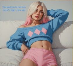 1boy 1femboy ai_generated athletic blonde_hair cute english_text femboy feminine_male fit_male hotpants lying_on_back lying_on_couch original original_character pink_highlights sexy_body sexy_pose speech_bubble sweater text yaoi