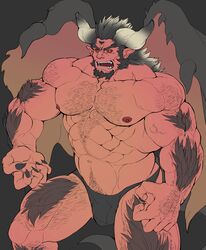 absurd_res beard bulge capcom clothed clothing dragon elder_dragon facial_hair genital_outline glensaru hi_res horn humanoid male monster monster_hunter muscular nergigante nipples penis_outline solo topless video_games wings