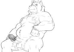 2022 anthro balls belly canid canine canis domestic_dog erection genitals hi_res humanoid_genitalia humanoid_hands humanoid_penis kemono male mammal moobs navel nipples overweight overweight_male penis simple_background sitting solo ujishiyo white_background