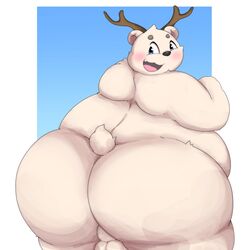 2021 anthro antlers ass backsack balls belly big_butt blush genitals hi_res horn kemono kusosensei male mammal obese obese_male overweight overweight_male polar_bear simple_background solo ursid ursine